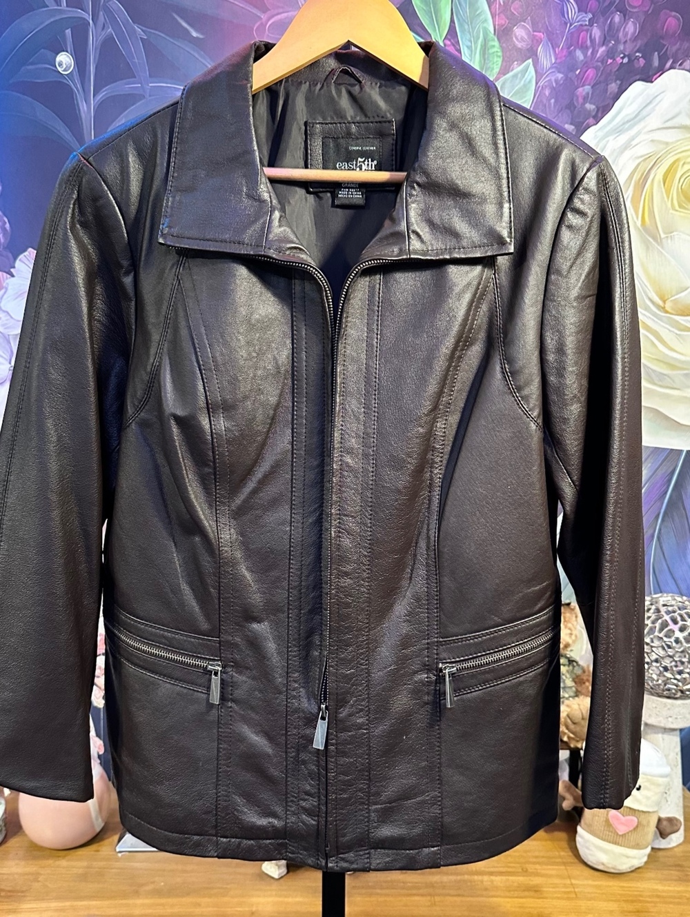 east5th XL Leather Jacket Brown Moto Zip Front Biker Lined Genuine Leather